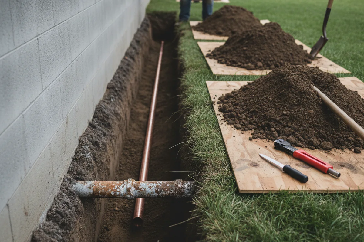 Excavated water line trench during Water Softener Installation in Rio Rico